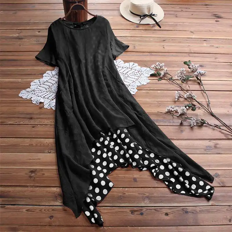 

2-piece set Women Vintage Summer Polka Dot Printed Dress Ladies Short Sleeve Irregular Hem Sundress Robe Casual Party Vestido