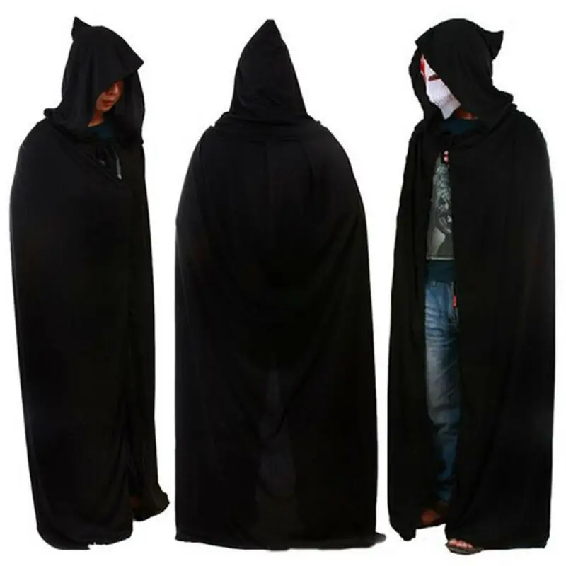 

Hooded Black Halloween Cloak Cape Wizard Vampire Witch Robe Gothic Medieval 1.7M