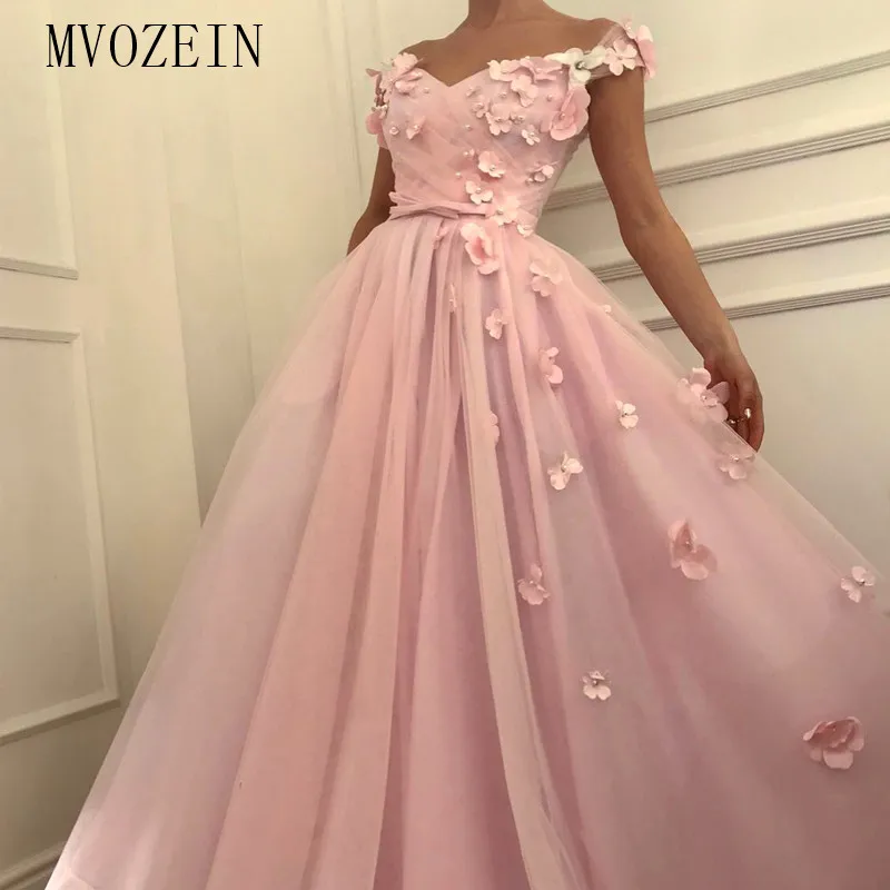 Abendkleider Pink Evening Dress Sheers A-Line Off The Shoulder 3D Flower Dresses Long Prom Party Formal Gowns | Свадьбы и торжества