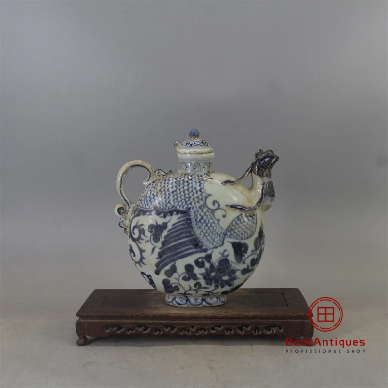 

Yuan Blue and White Porcelain Phoenix Flat Pot Flower Vase Antique Vase Decoration Hand-painted Porcelain Collection Home Decor