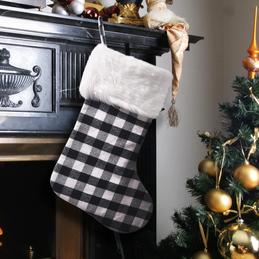 OHEART белый черный плед Подарочный Рождественский чулок мешок искусственный мех манжеты буйвола носок год Рождественская елка висячие орнамент