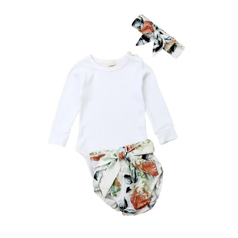 

Baby Girls Cotton Clothes Set Lovely 3PCS Newborn Baby Girls Long Sleeve Romper Bowknot Flower Shorts Headband Baby Clothes Set