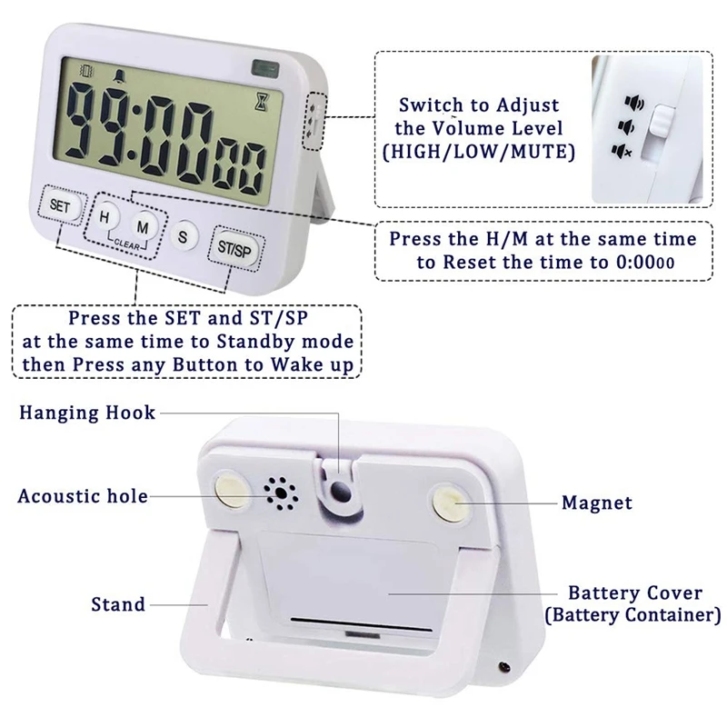 Digital Kitchen Timer Magnetic, Cycle Count Down Timer, Large Display, Memory Function, 24-Hour Display Clock and Alarm with V