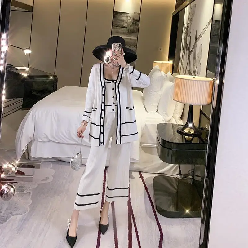 Women's Three Pieces Clothing Set Elegant Knitted Wide Leg Pants Ankle Length Pants + V Neck Single Breasted Jacket Cardigan