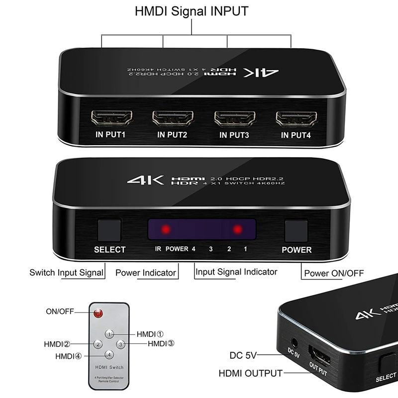 HDMI коммутатор 4K60Hz 4 в 1 с пультом дистанционного управления Поддержка HDCP 2,2 4K x 2K 3D 1080P HDMI сплиттер для PS4 Pro DVD ноутбука ПК