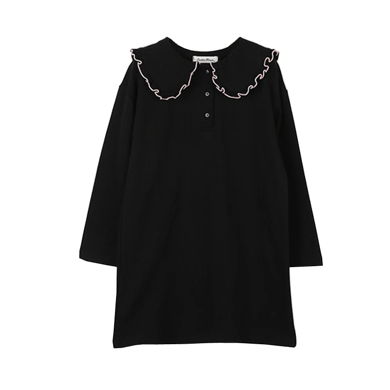 

2019 Fall Long Sleeve Girls Dresses Teens Kids Knit Cotton Black Dress Kids Button Front Vestidos Ruffle Collar Princess Frocks