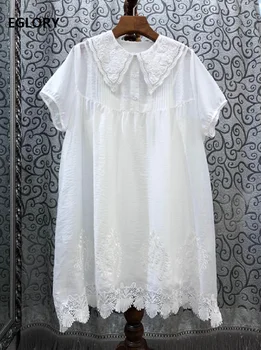 

100%Silk Dress 2020 Summer Sweet Cute Ladies Turn-down Collar Luxurious Embroidery Short Sleeve Straight White Black Brown Dress