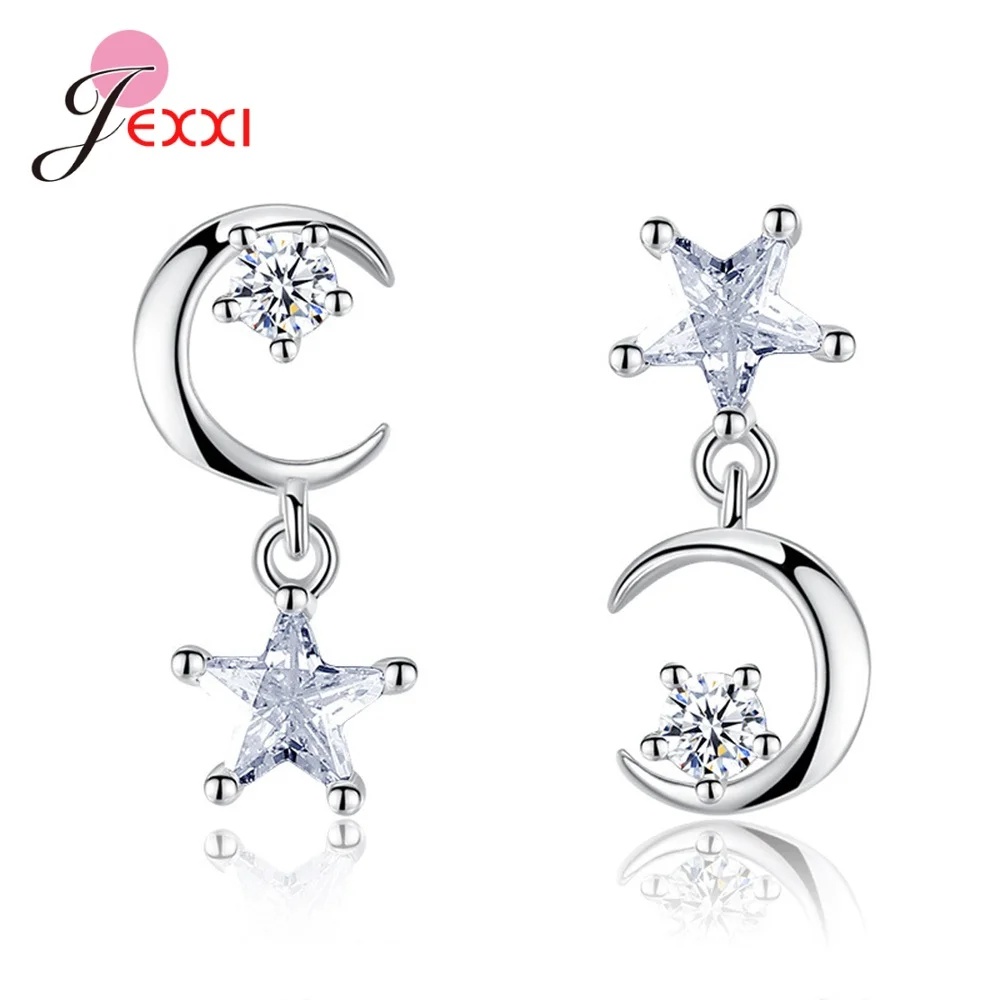 Creative Women S925 Sterling Silver Star Moon Earrings Night Theme Star Shape Cubic Zirconia Jewelry for Nightclub Party image_0