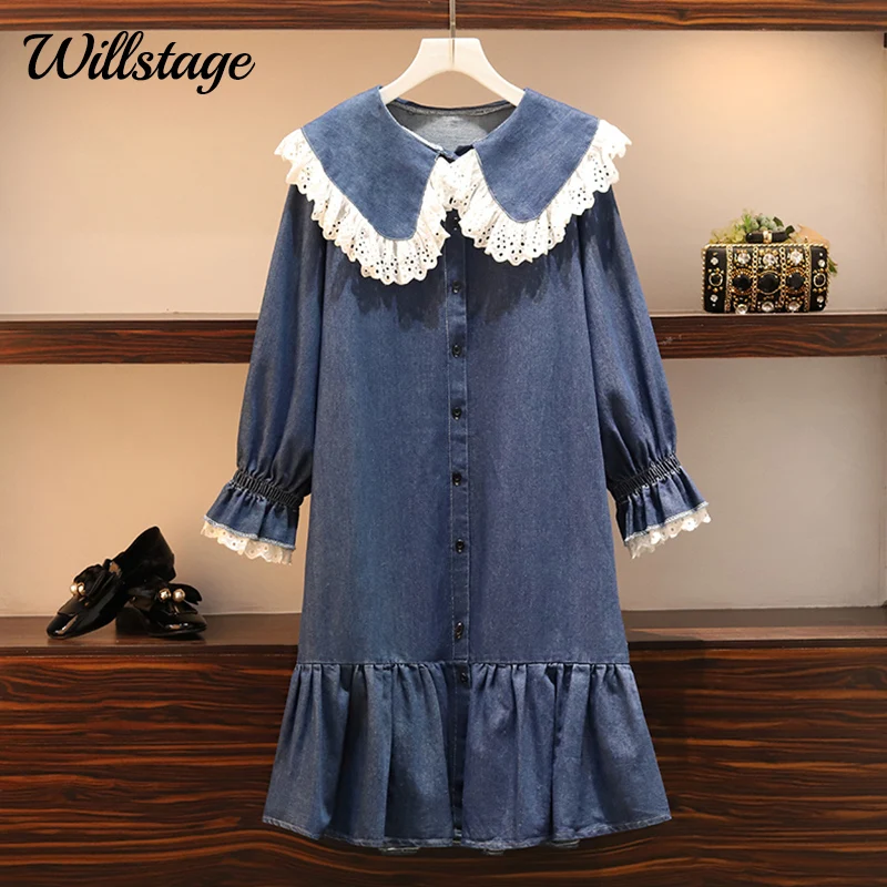 

Willstage L- 5XL Plus size denim dress women lace patchwork Oversize dresses Ruffles loose long sleeve vestidos 2019 Autumn