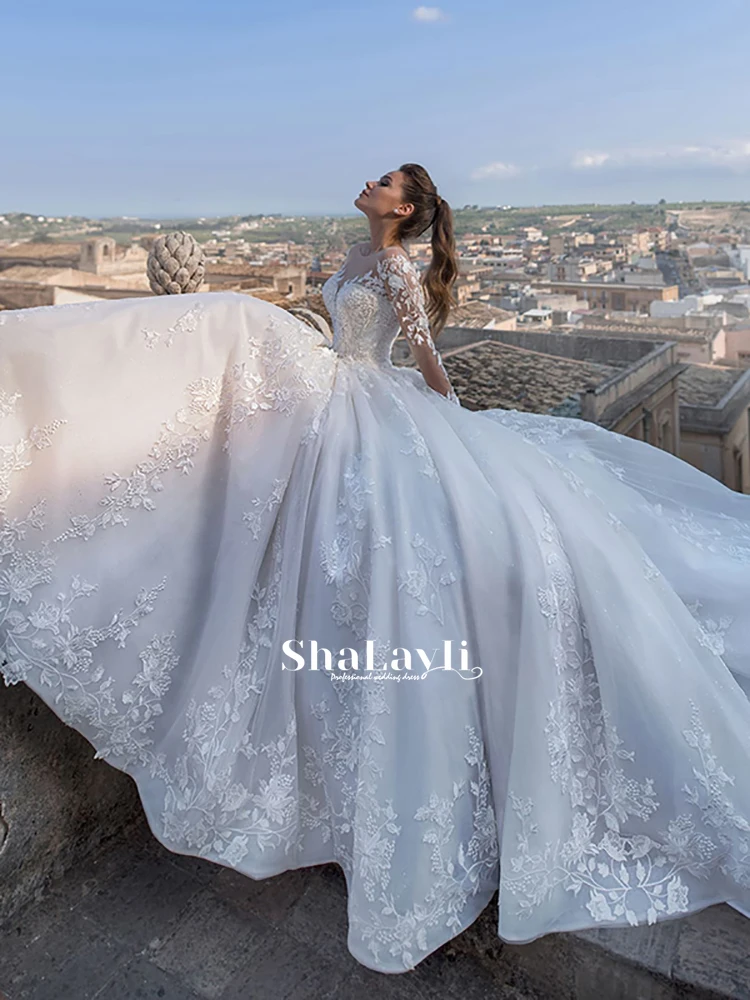 Retro Luxury Bridal Wedding Dress With Mesh Applique And Scoop Neck Tie Long Sleeve A Line Romantic Train 2021 Custom | Свадьбы и