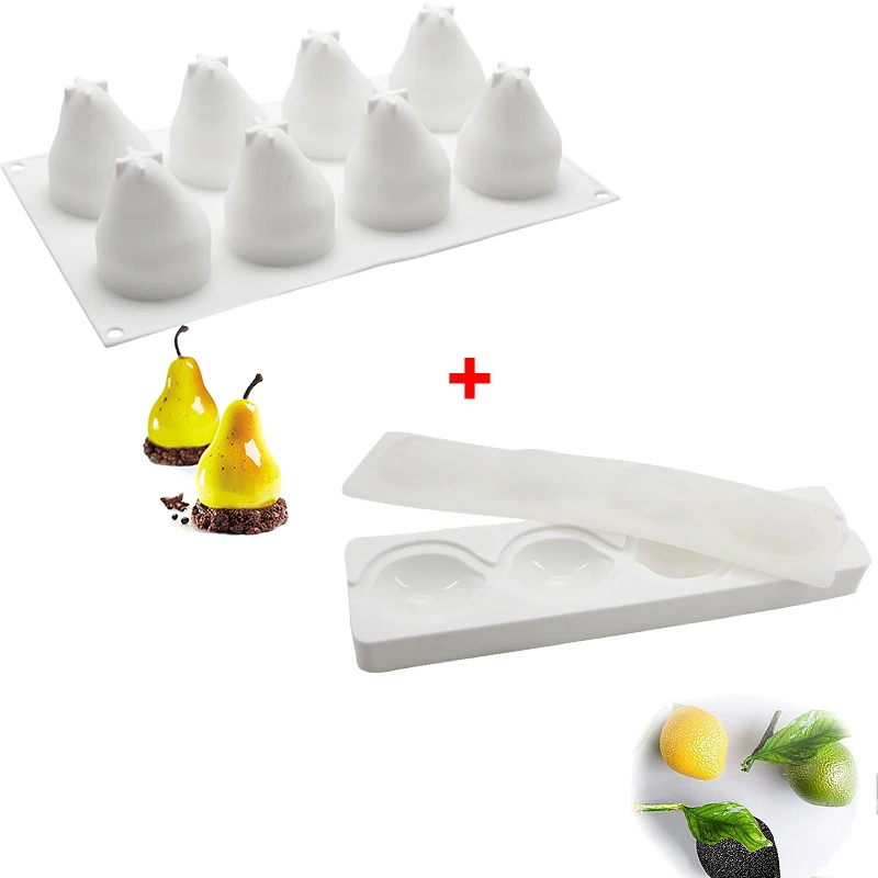 Pear and lemon Силиконовая 3D форма для торта в форме фруктов, форма для мусса, десерта, форма для яблока, лимона, груши, печенья, шоколада, формы для выпечки, сделай сам, противень для выпечки - Цвет: Pear and lemon