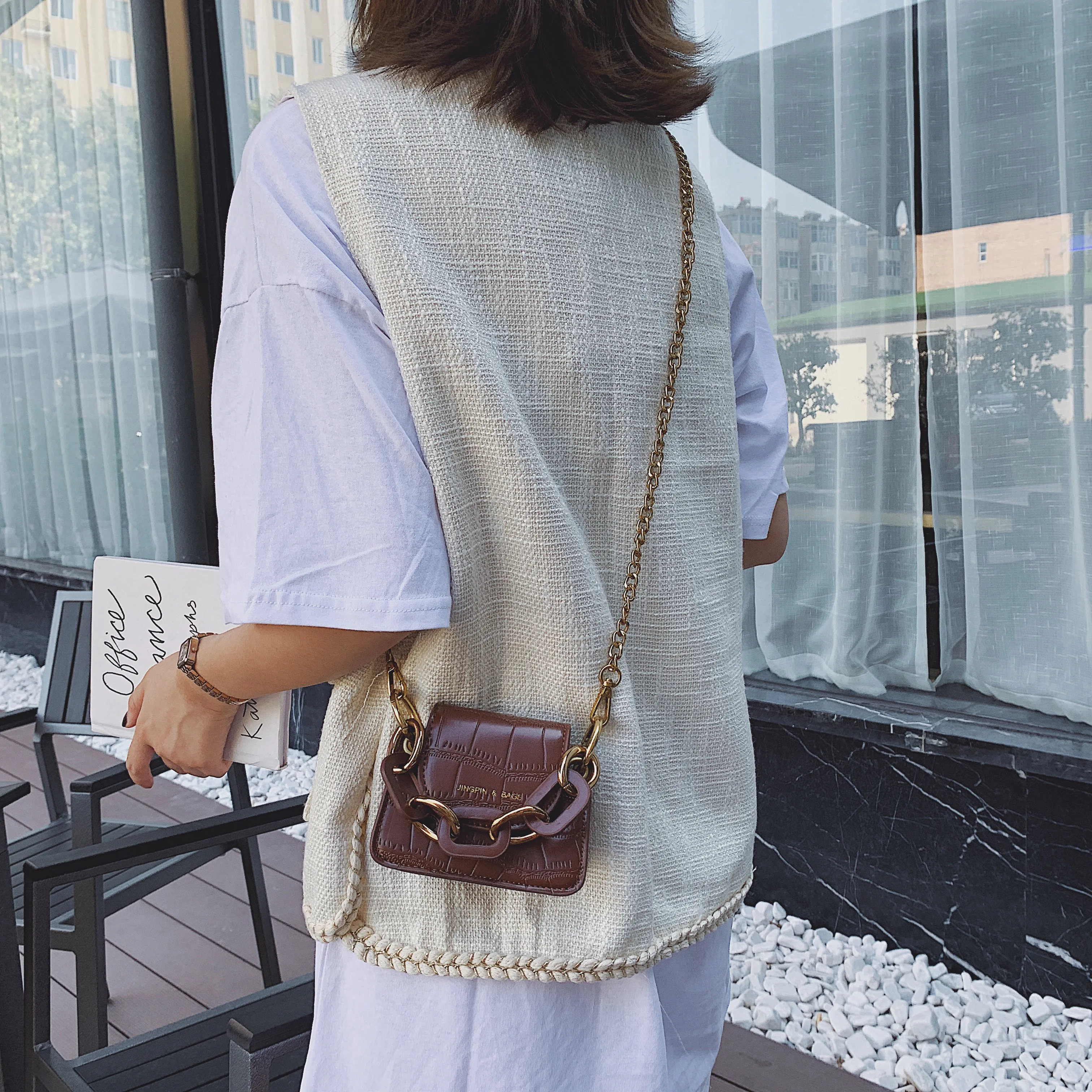  Stone Pattern PU Leather Crossbody Bags For Women Thick Chain Design Shoulder Messenger Bag Lady Mi - 4000034891181
