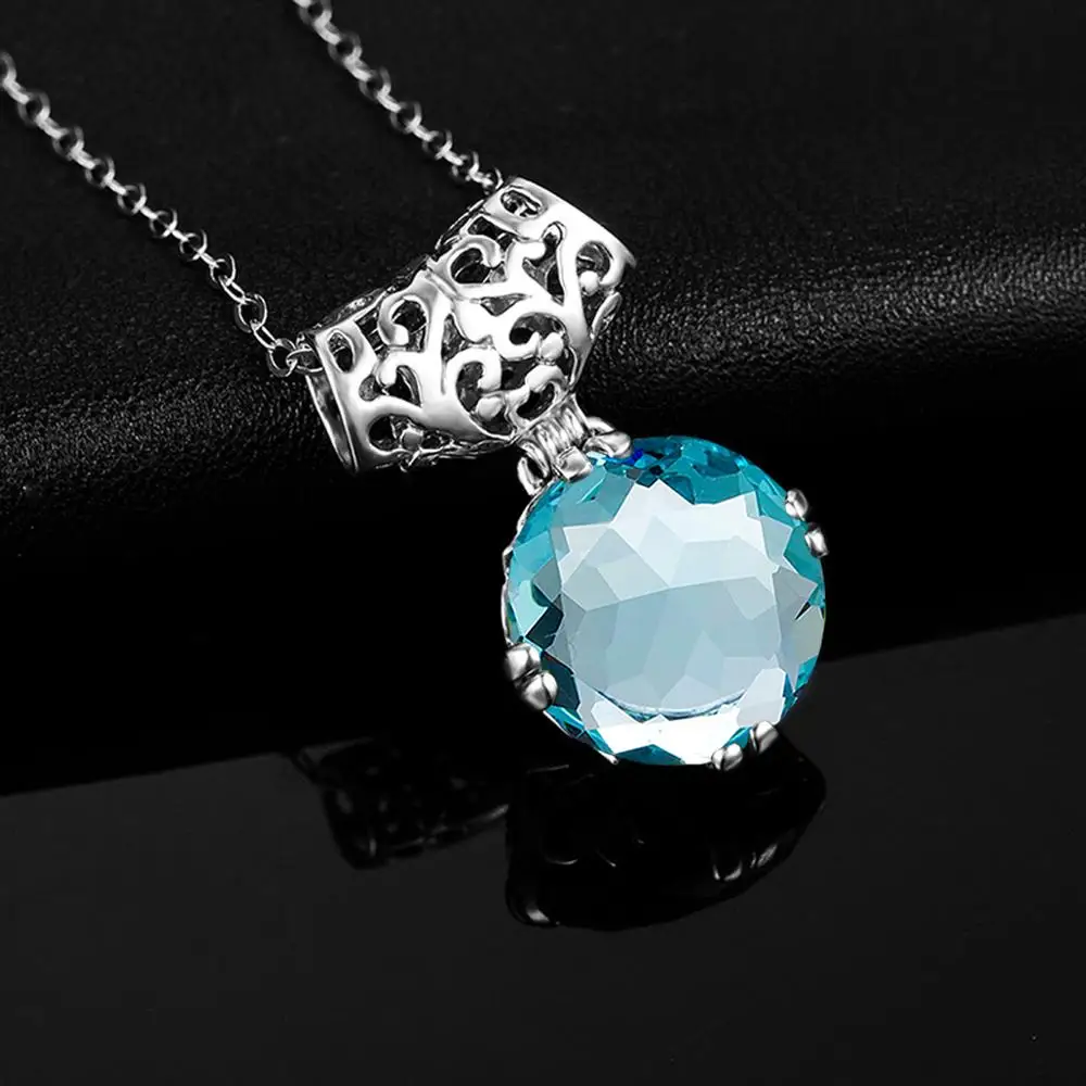 

Silver pendant Real 925 Sterling Silver For Women Jewelry Round Aquamarine Statement Handmade Fine Jewelry Birthday party Gifts