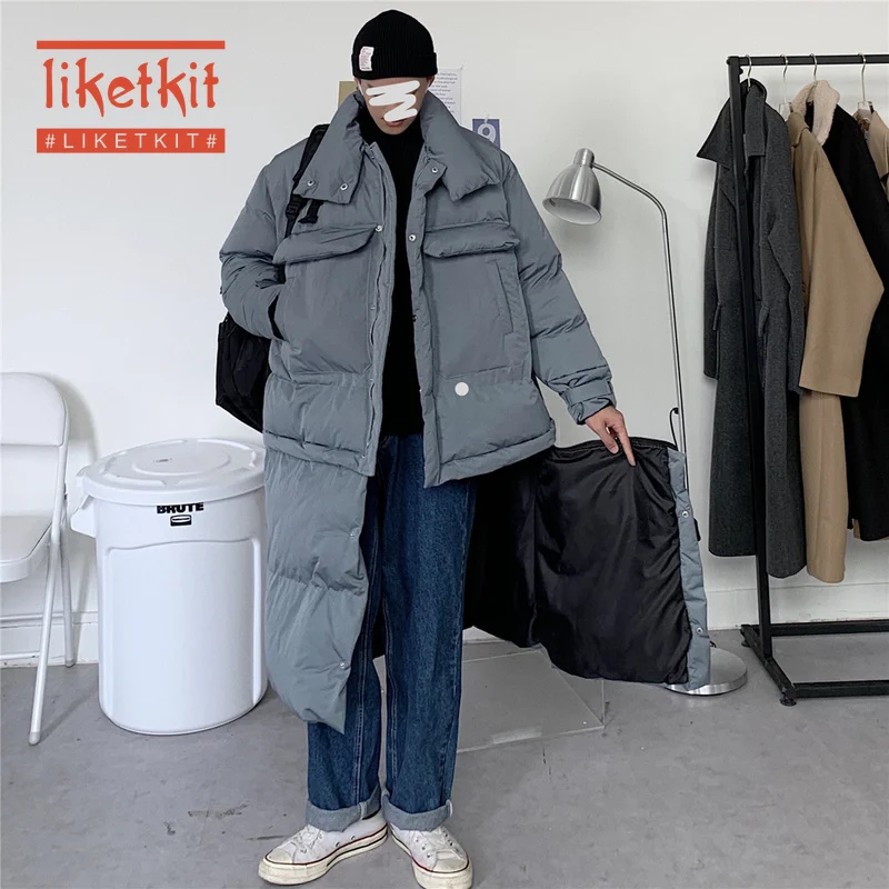 Liketkit, мужское длинное пальто, зима, одноцветное, теплое, Harajuku, пузырчатое пальто, куртки, мужской, свободный, съемный нижний край, корейская мода, парка