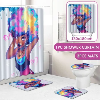 

African American Women with Crown Durable Waterproof Shower Curtain Set with Afro Africa Girl Queen Non-Slip Bathroom Mat Rugs