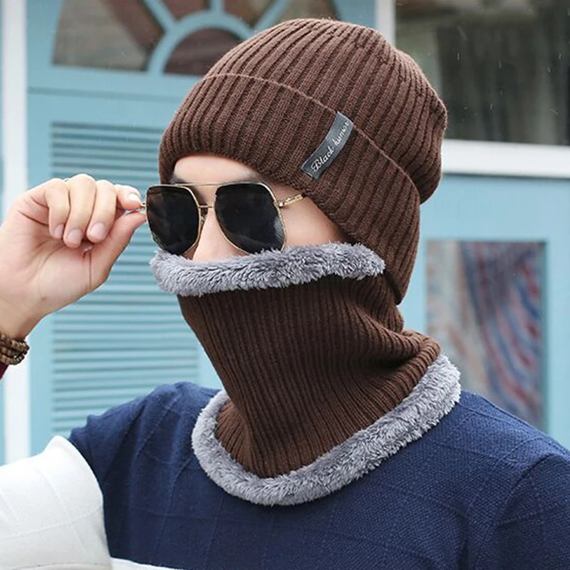 Зимние шапки для мужчин Skullies, шапка бини, зимняя шапка для мужчин и женщин, шерстяной шарф, шапка, набор s, Балаклава, маска, шапка, вязаная шапка - Цвет: Coffee