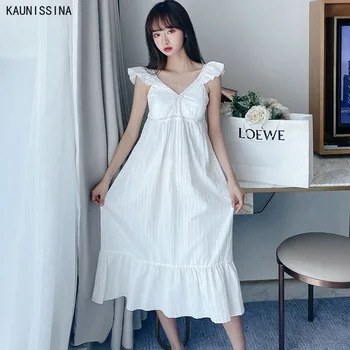 

Women Princess Nightgown Sweet Summer Night Dress Korean Style Strap Tops with Chest Pad Girl Student Long Nightdress Sleepwear