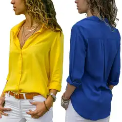 Повседневная женская летняя блузка с длинным рукавом с отложным воротником майка широкого кроя пакет бедра сплошной цвет длинная блузка