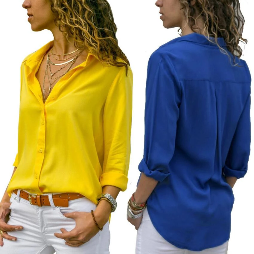 Blusa informal de manga larga con cuello vuelto para mujer, camisa abierta, paquete caderas, blusa larga de Color sólido, Top de gasa de verano| Camisa| - AliExpress