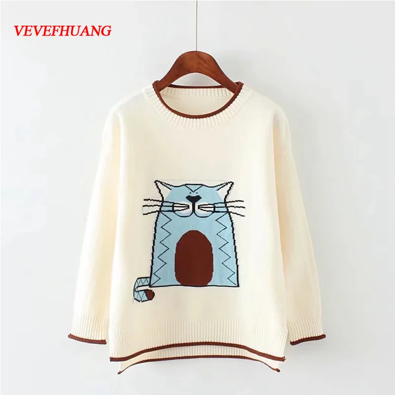 VEVEFHUANG осенне-зимний вязаный свитер для женщин Kawaii джемпер с круглым вырезом
