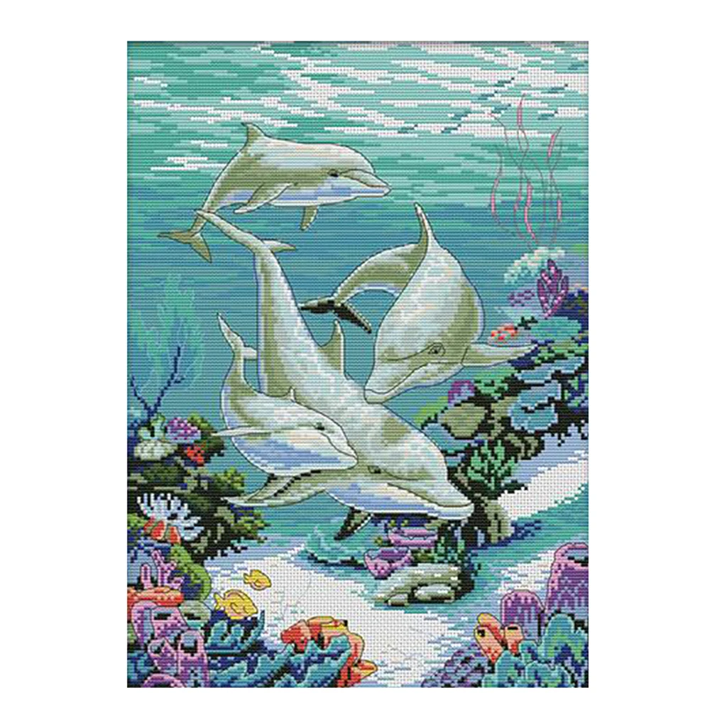 Dolphins 11CT Counted & Stamped Cross Stitch Kit for Adutls Beginners Embroidery Animals Patterns