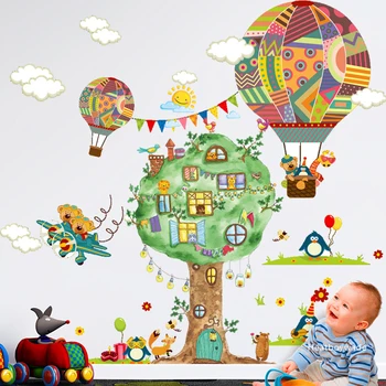 

2pcs Cartoon Animals Tree Wall Stickers Kids room Nursery Hot air balloon Wall Decals Eco-friendly Removable Poster Home Decor