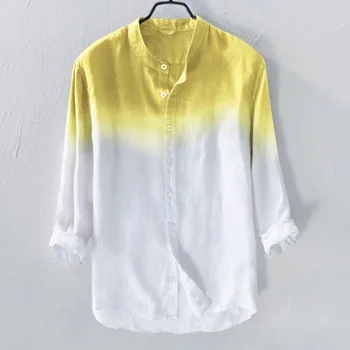 

Fall 2020 men gradient seven points in the youth fashion collar shirt sleeves flax leisure shirt