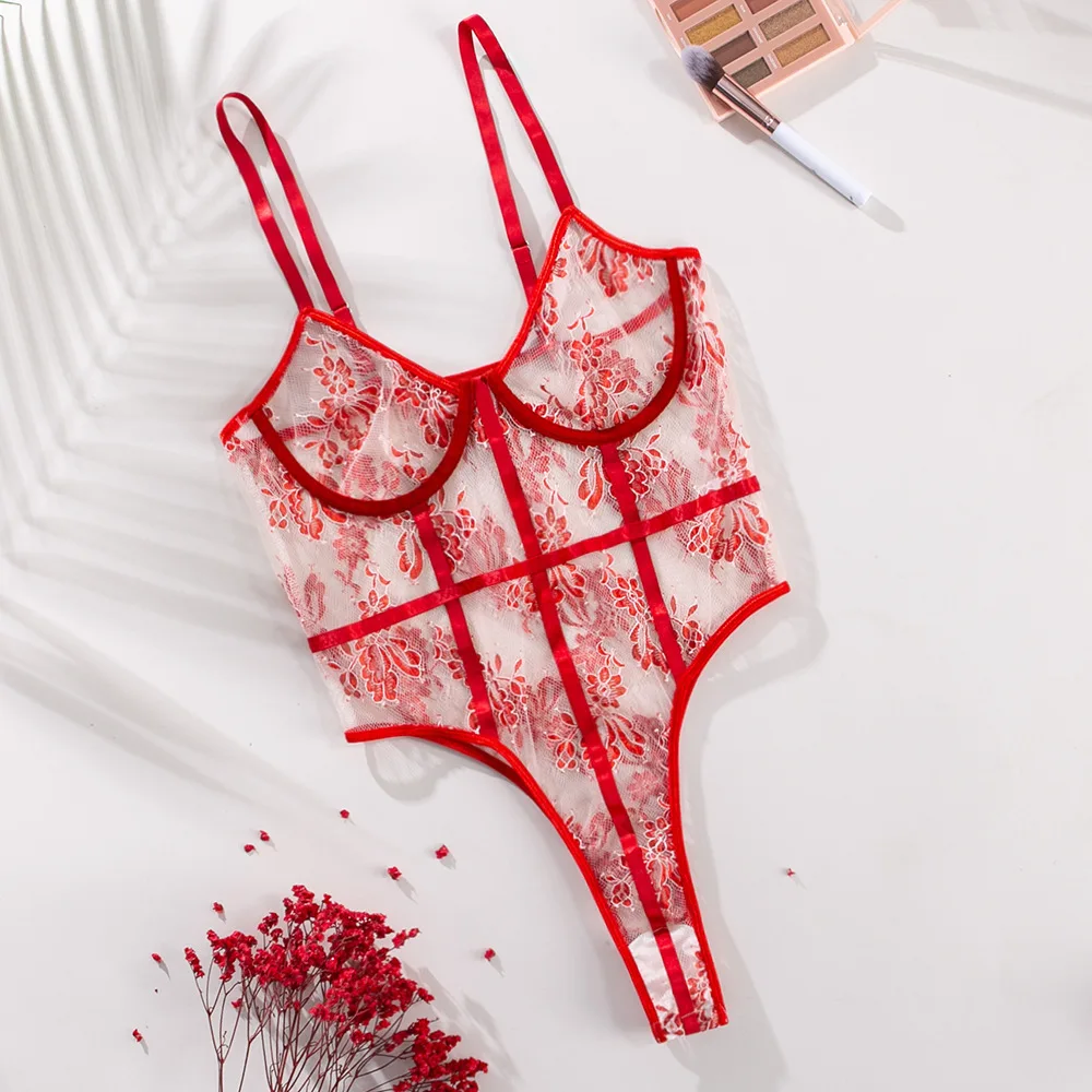 

Embroidered Hollow Sexy Women's Teddy bodysuit Underwear Set Lace Perspective One-Piece erotic lingerie underwire Gathered Bra