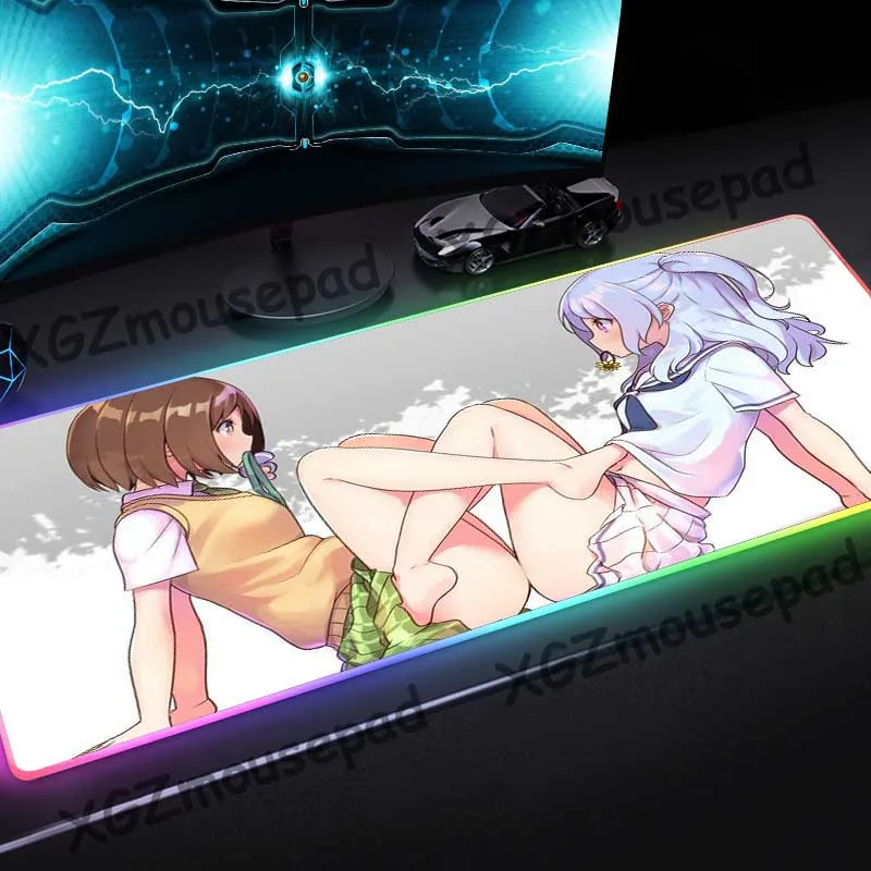 

XGZ Cartoon Girl Hd Custom Fashion Large RGB Mouse Pad Lock Edge Computer Keyboard Colorful Luminous Table Mat Rubber Non-slip