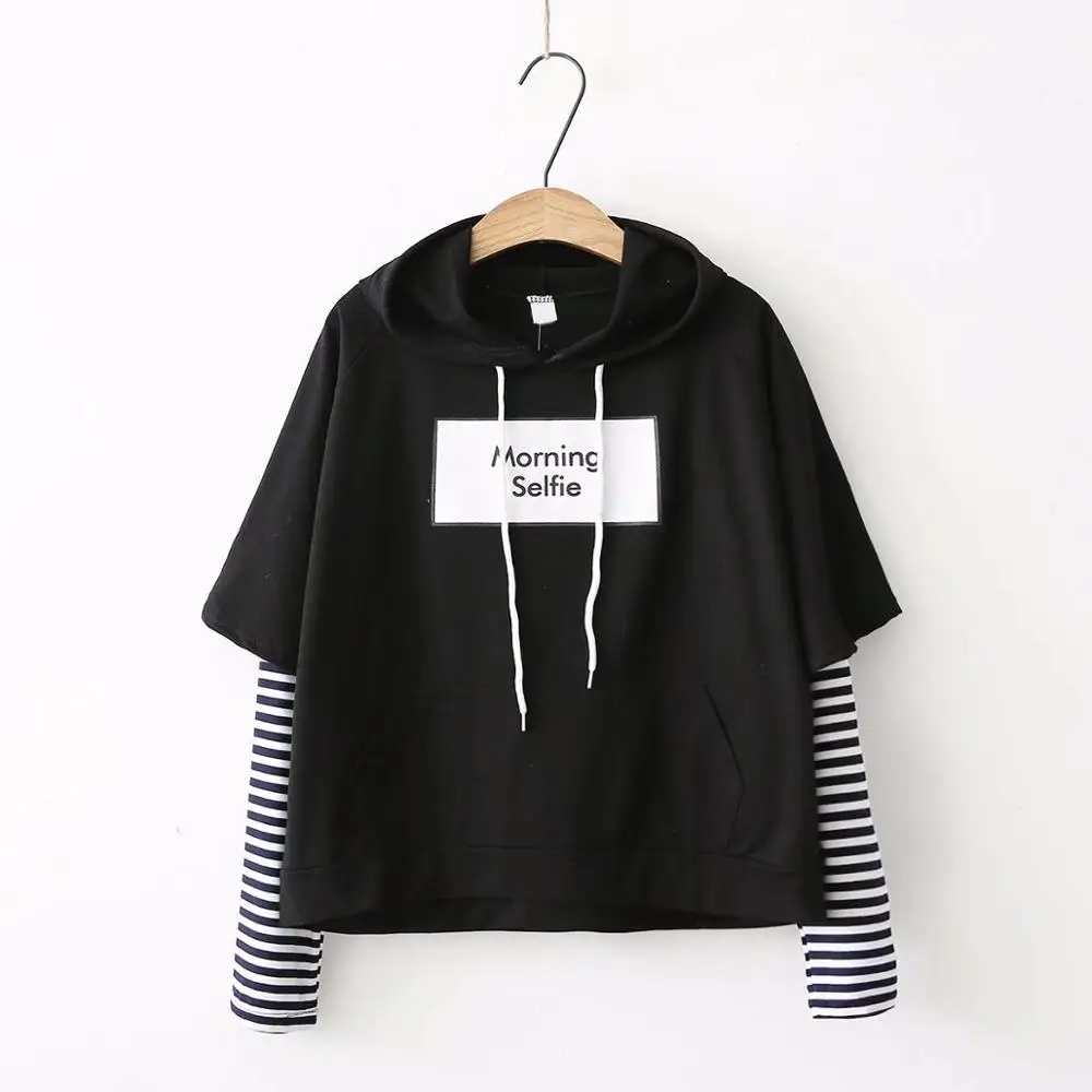  New Fashion Spring Autumn Women Sweatshirt Fashion Striped Sleeve Patchwork Casual Hoodies Harajuku