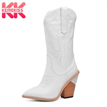 

KemeKiss New Brand Mid-Calf Boots For Women Fashion Thick Heel Women Shoes Solid Color Leather Warm Fur Footwear Size 33-45