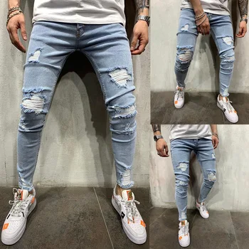 

High Street Man Self-cultivation Bound Feet Scraping Cowboy Trousers Fashion Youth Holes Jeans Big Size Elasticity Slim Jogger