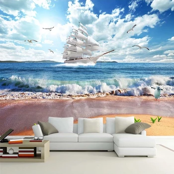 

Custom Photo Blue Big Sea Sailboat Beach Seascape Large Mural Wallpaper For Living Room Bedroom TV Background Papel De Parede 3D