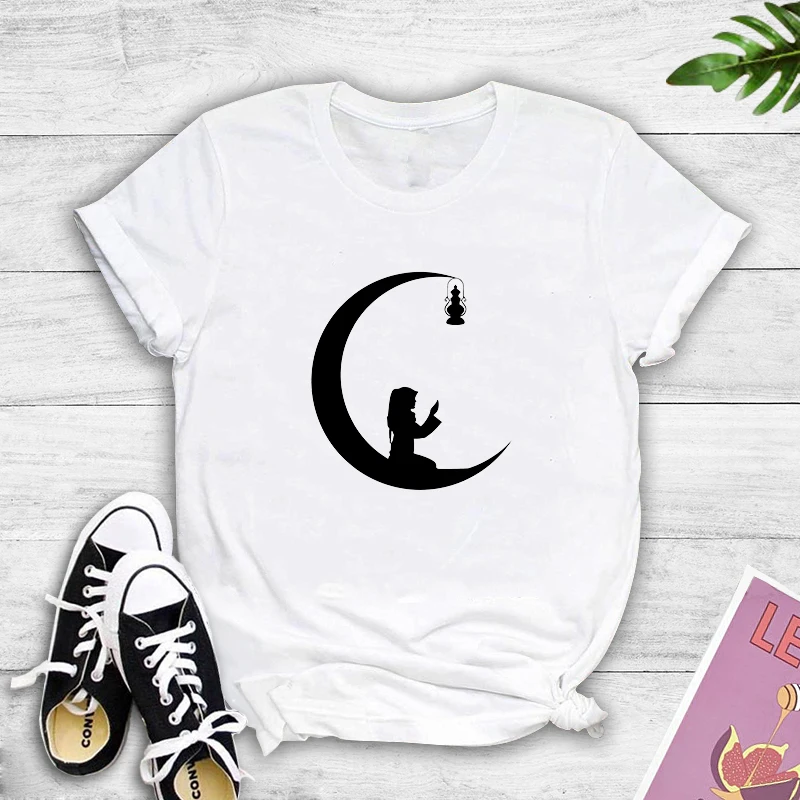 

Cotton Women T-shirt Summer Short Sleeve Moon Print Funny Casual O Neck Female Tshirt Tees Tops Plus Size S-5XL
