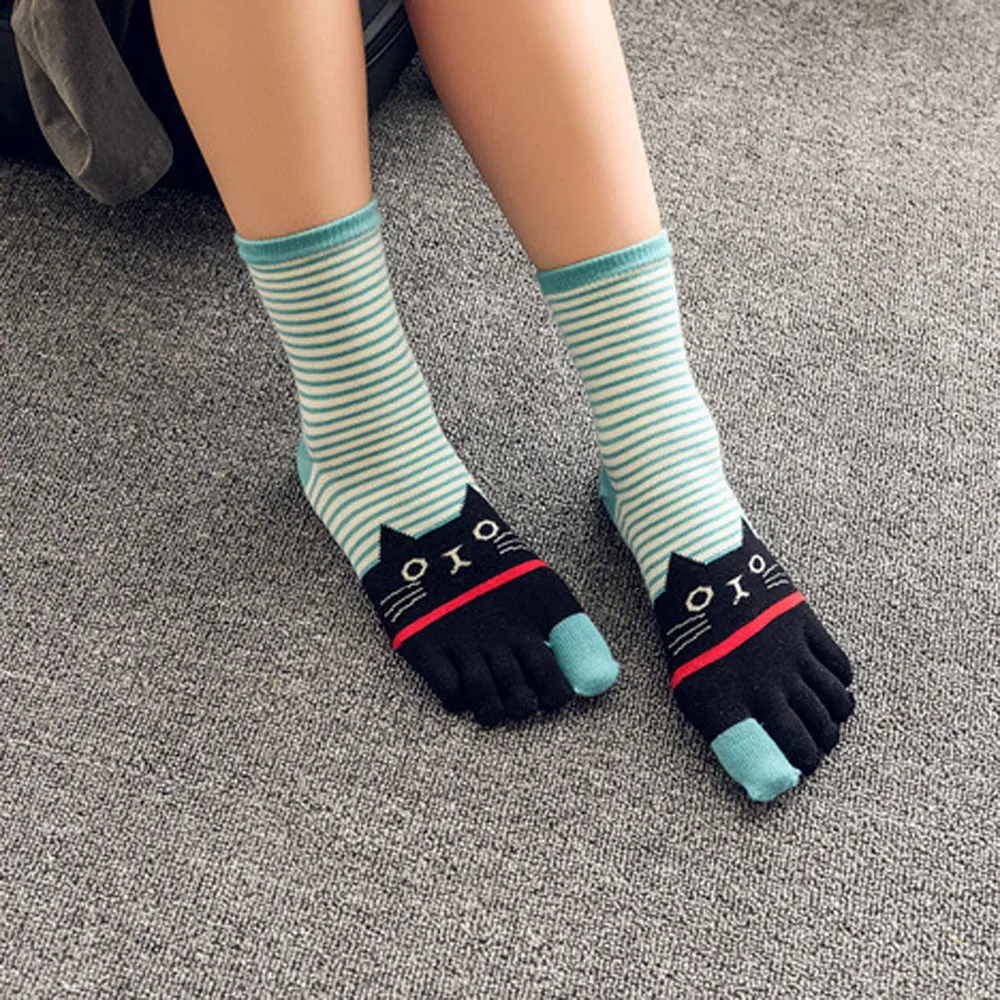 Long Cute Socks Women Cat Socks Cotton Socks Cartoon Stripe Five Finger calcetines mujer divertido chausette femme носки хлопок