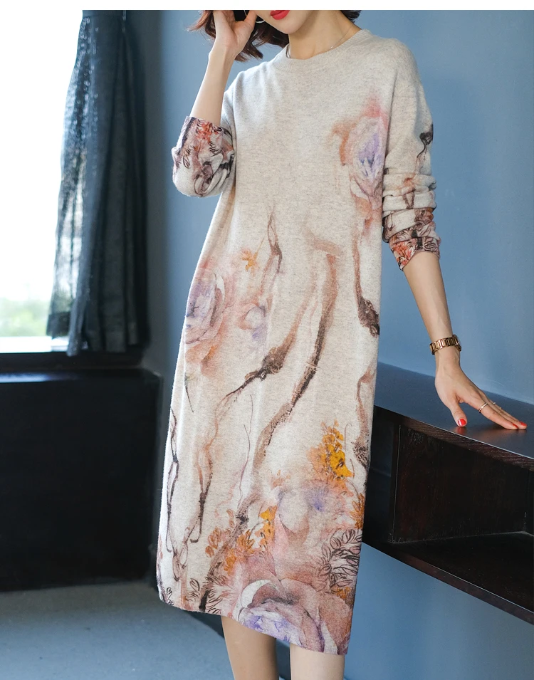 Осенне-зимнее винтажное женское платье-свитер с круглым воротником и цветочным принтом, женское осеннее вязаное платье-свитер