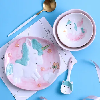

4 pcs set Cartoon ceramic dinner sets children tableware plate bowls spoon Handpainted Child Breakfast gift set