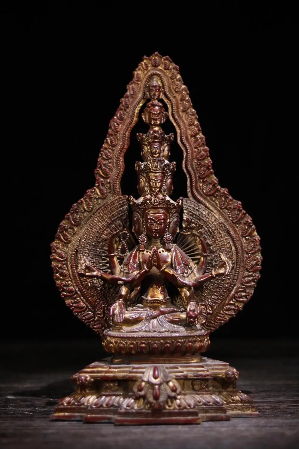 

Home Decor 12" Tibet Buddhism Temple Old Bronze Cinnabars Thousand-Hand Guanyin Bodhisattva Sitting Buddha Enshrine the Buddha