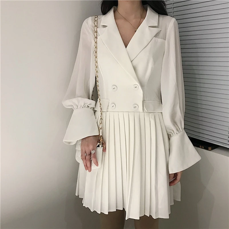 

Goodlishowsi 2019 Autumn Women Blazer Dress White Notched Formal Mini Dress Long Flare Sleeve Ladies Pleated Dresses OL