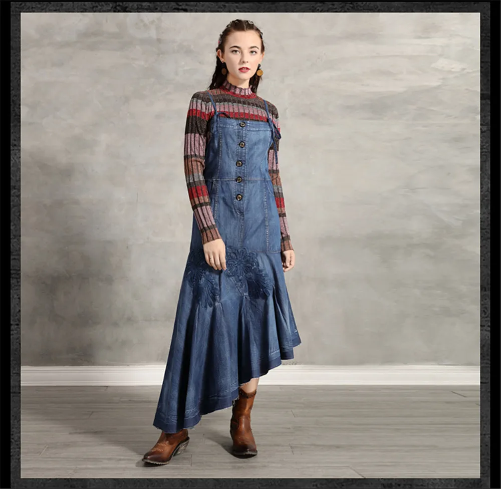 Vintage Denim Women's Dress 2019 Embroidery Braces Dresses Asymmetrical Long Women Strap Dress Vestidos A82193 Draped Dress (9)