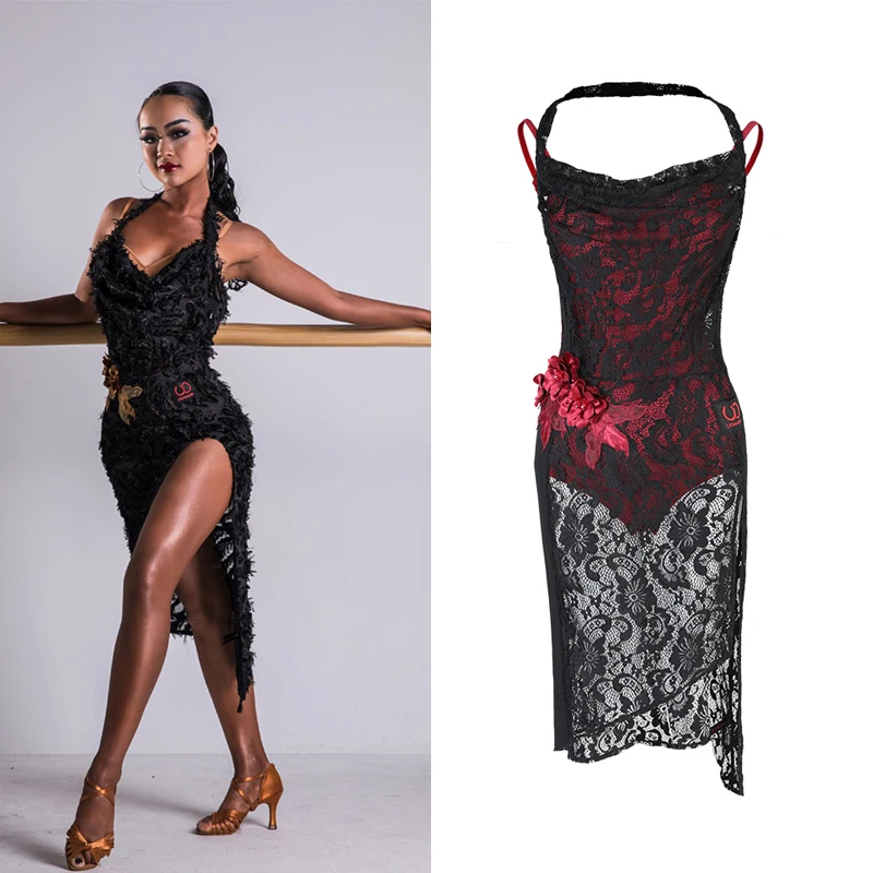 

Adult Latin Dance Dress Sexy Lace Dresses Two-Piece Set Women Latin Competition Dress Rumba Chacha Samba Practice Clothes DQS291