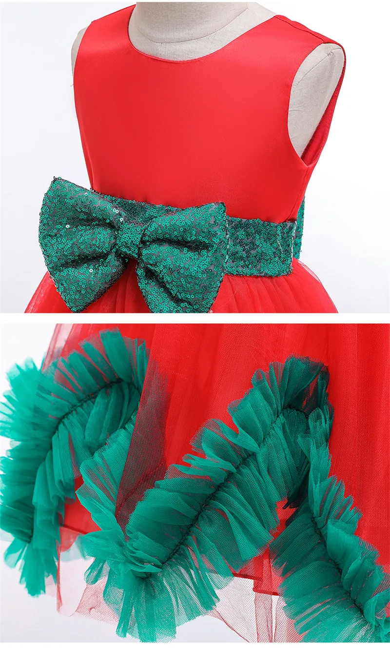 Новое рождественское платье для девочек, кружевное платье красного и зеленого цвета с бантом, детское платье принцессы, вечернее платье-пачка, одежда для детей 2-10 лет