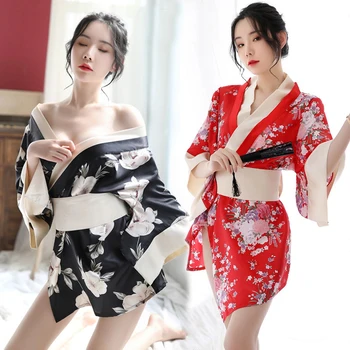 

Japanese Styles Sexy Satin Silk Sleepwear Women Short Satin Wedding Kimono Robes Sleepwear Nightgown Dress Bathrobe Floral robe