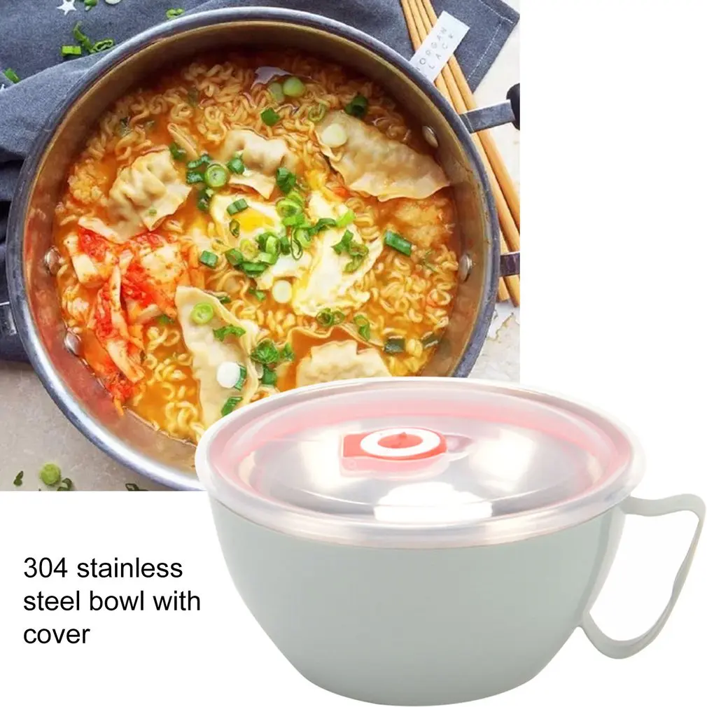 900ml Noodle Bowl With Lid Handle 304 Stainless Steel Plastic Leak-Proof Food Container Rice Soup Bowls