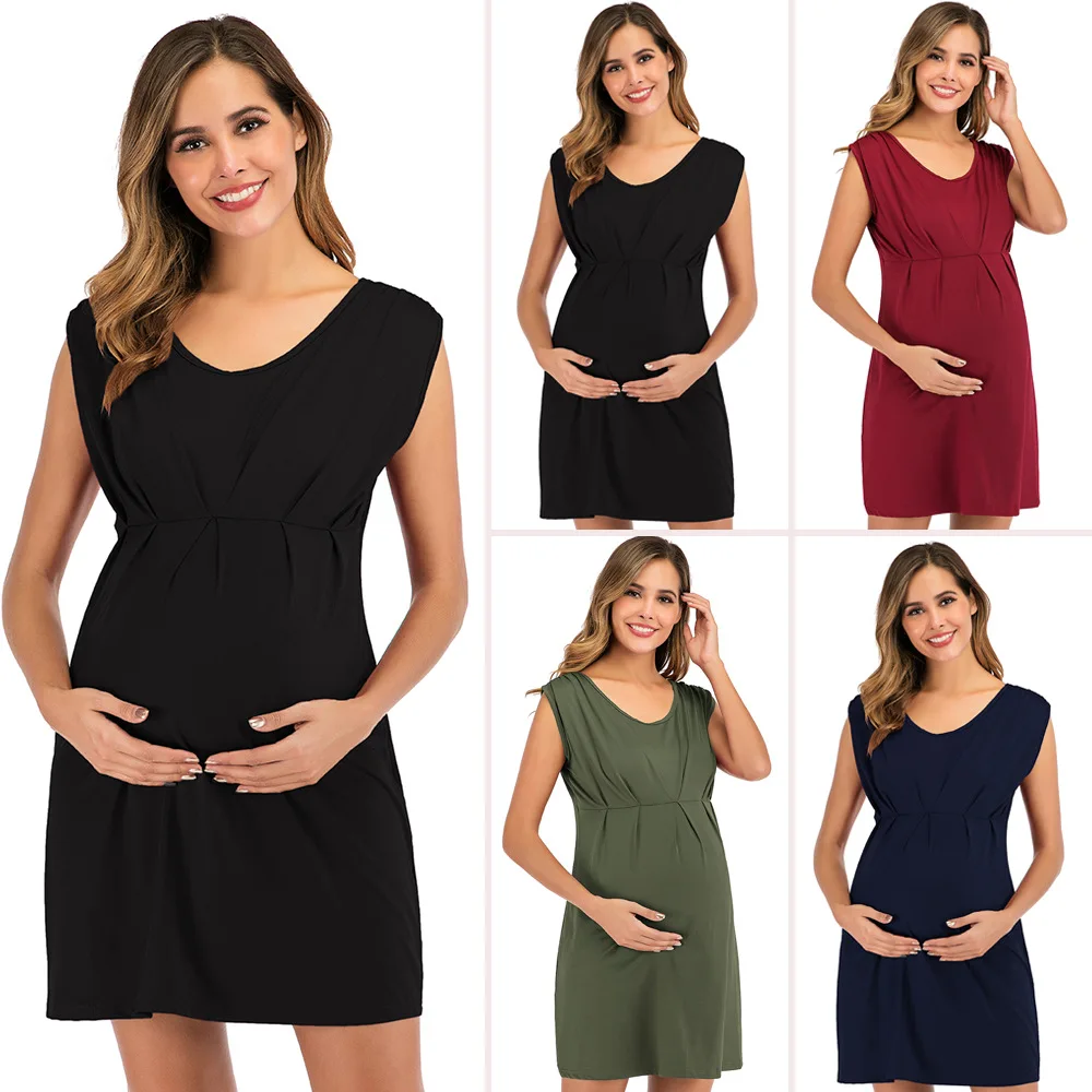 

2020 New Style Europe And America Solid Color Maternity Clothes Knitted Crew Neck Sleeveless Pregnant Women Dress