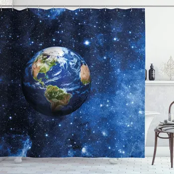 

Outer View of Planet Earth in Solar System with Stars Life on Globe Themed Image, Cloth Fabric Bathroom Decor