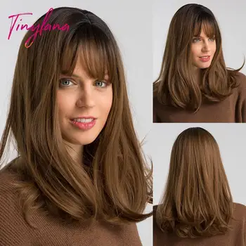

2020 New Wavy Wigs Synthetic Hair Black Gradient Reddish Wig With Bangs 18inch Brown Heat Resistant Wigs N2Q1