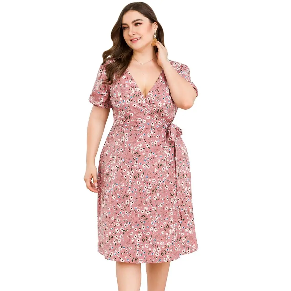 

Plus Size 3XL 4XL Pink Flower Printed Dresses Women Sashes Deep V-Neck Lacing Short Sleeve Floral Party Dress Ladies