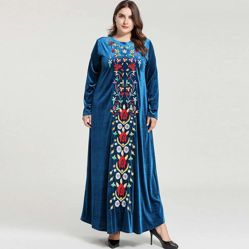 

Abayas Kimono Women Velvet Long Dresses Winter Muslim Dress Dubai Embroidery Plus Size Kaftan Turkish Arabic Islamic Clothing
