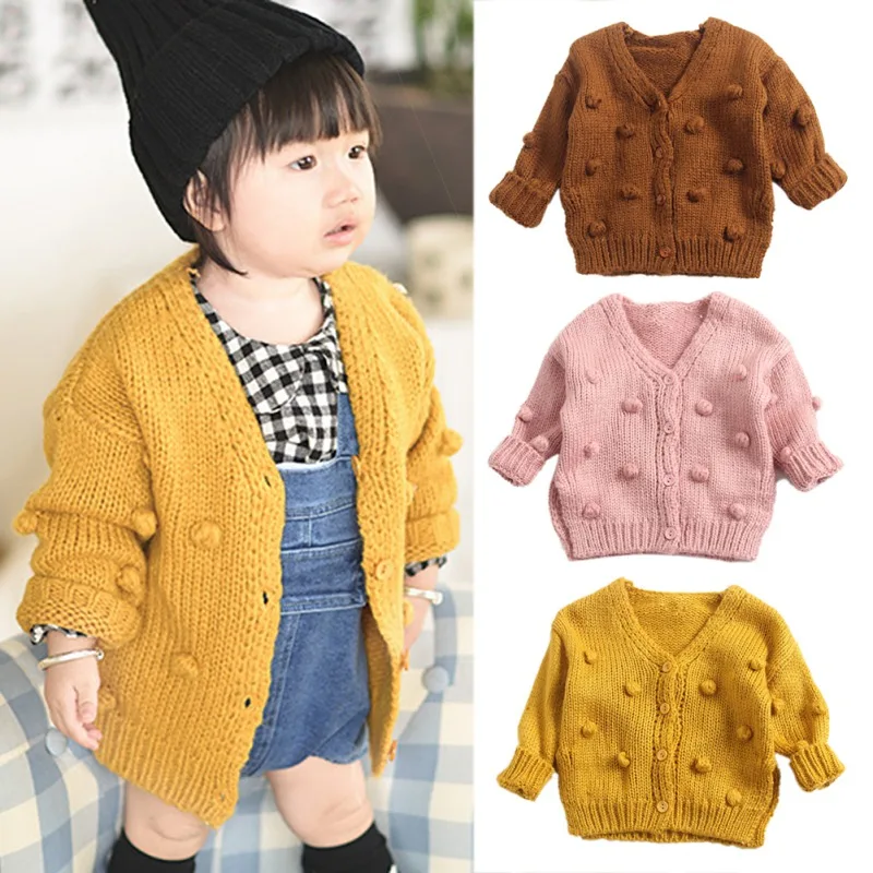 Свитер для маленьких девочек, зимний теплый детский пуховый свитер с помпонами, куртка-кардиган, кардиган, От 0 до 3 лет